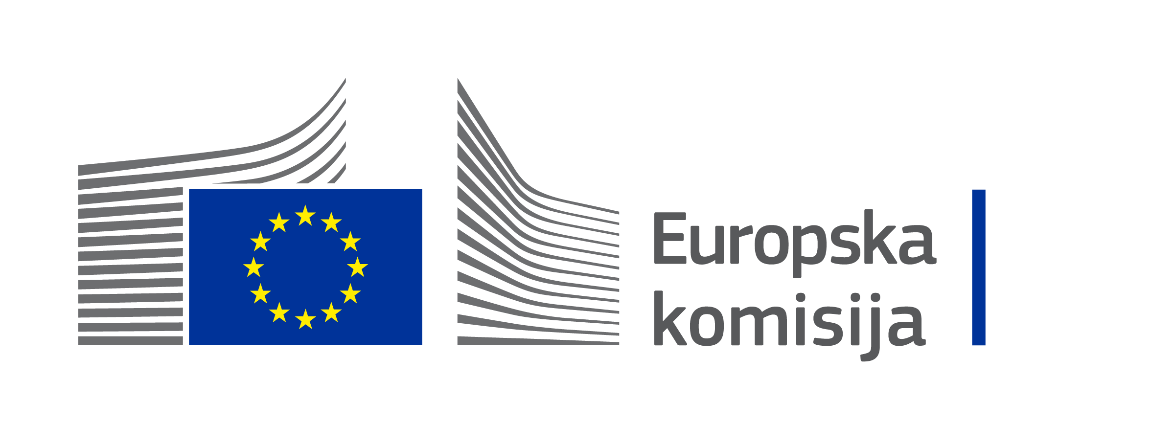 Logotip Europske komisije, koji se sastoji od zastave Europske unije s krugom od 12 žutih zvijezda na plavoj pozadini iza koje se nalazi 26 sivih zakrivljenih linija i natpis „Europska komisija” s desne strane.